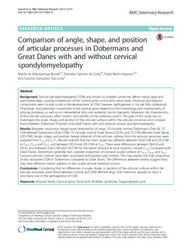 Comparison of angle, shape, and position of articular processes in Dobermans and Great Danes with and without cervical spondylomyelopathy.
