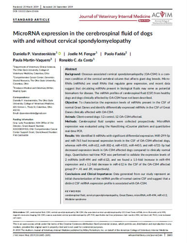 Cerebrospinal fluid miRNA Profiling of dogs With and Without Osseousassociated Cervical Spondylomyelopathy.