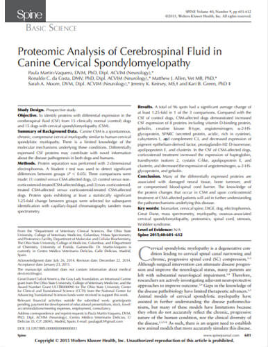 Proteomic analysis of cerebrospinal fluid in canine cervical spondylomyelopathy